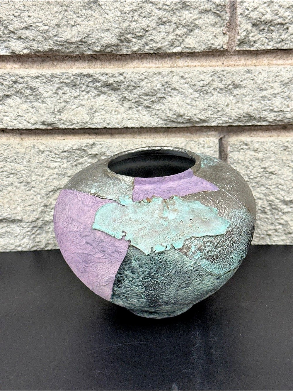 Pauline Pelletier Signed Mixed Media Ceramic & Metal Sculptural Vase 6.5”
